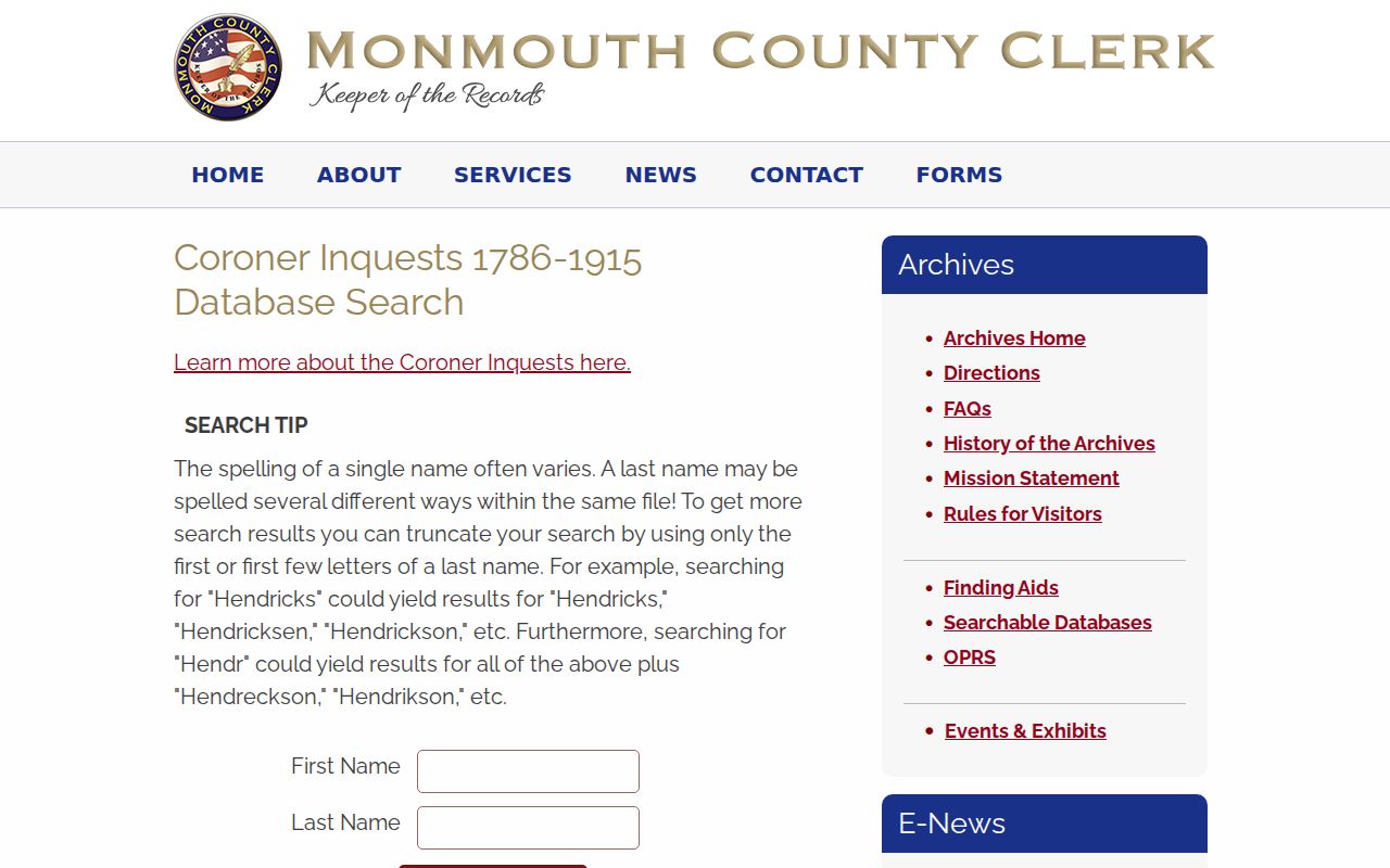 Manalapan historical directory context in the Monmouth Archives coroner-inquest index