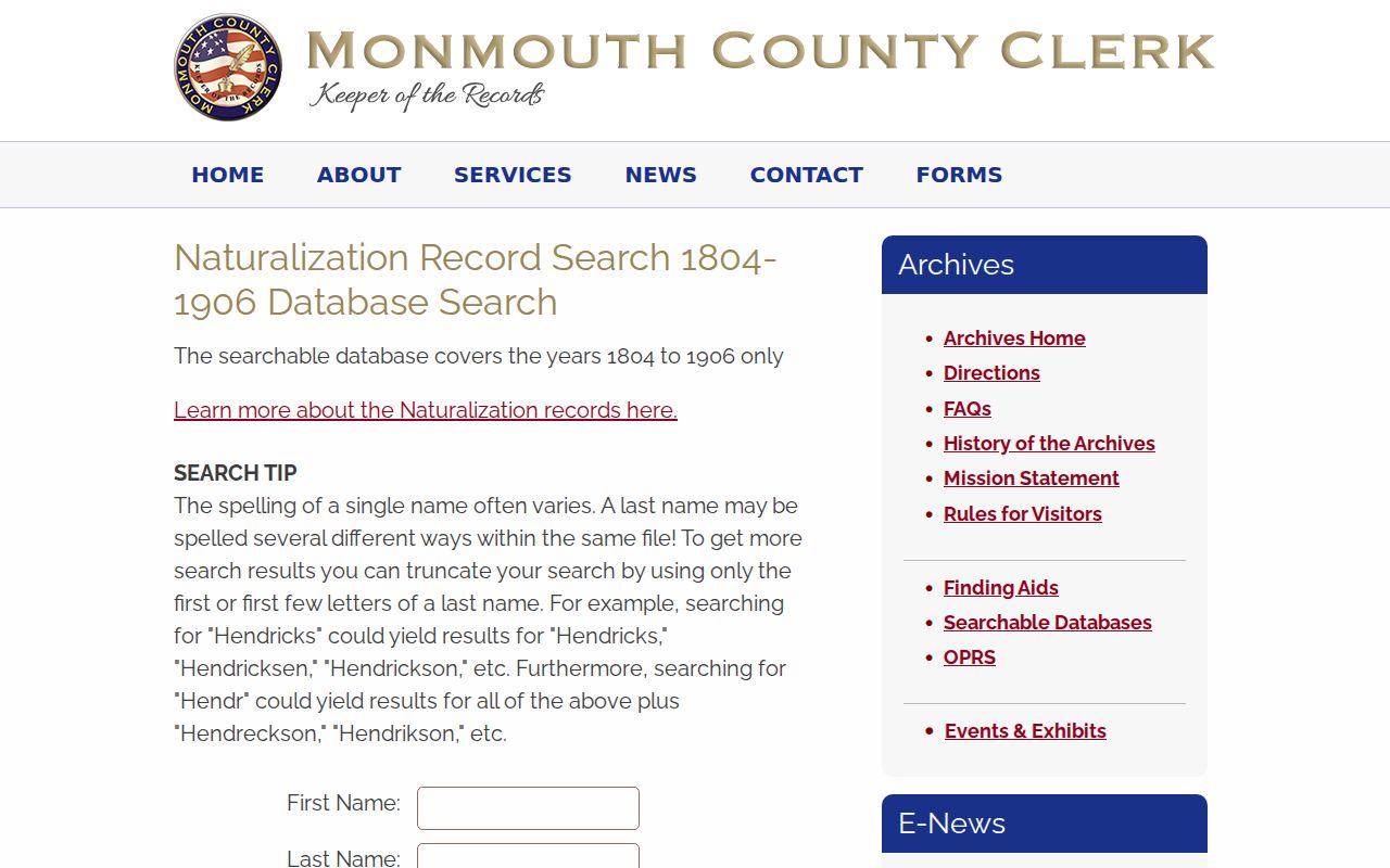 Manalapan historical directory research companion in the Monmouth Archives naturalization index