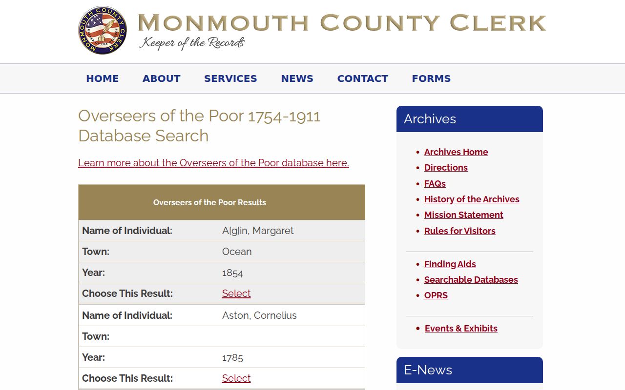 Manalapan historical directory companion in the Monmouth Archives poor-record index