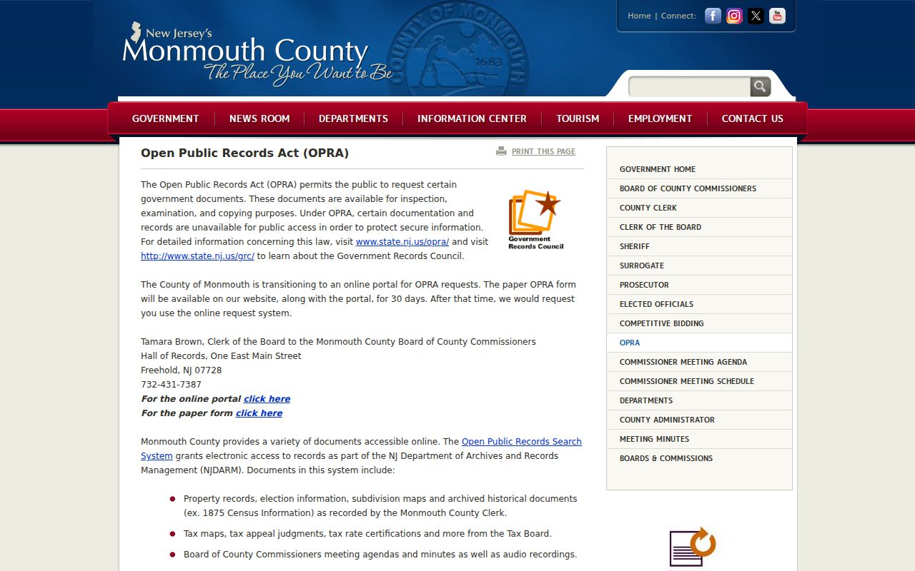 Manalapan resident records Monmouth County OPRA records guidance