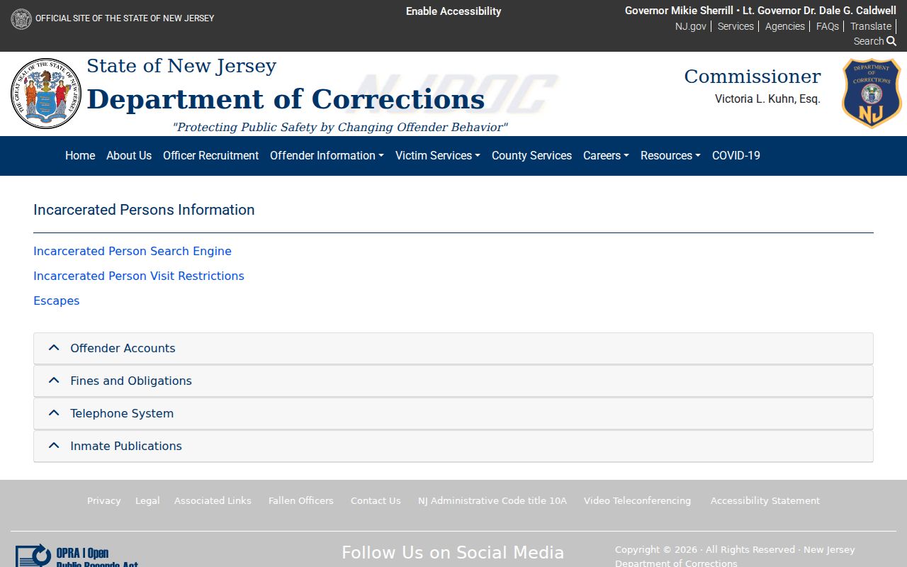 Manalapan resident records New Jersey Department of Corrections information page