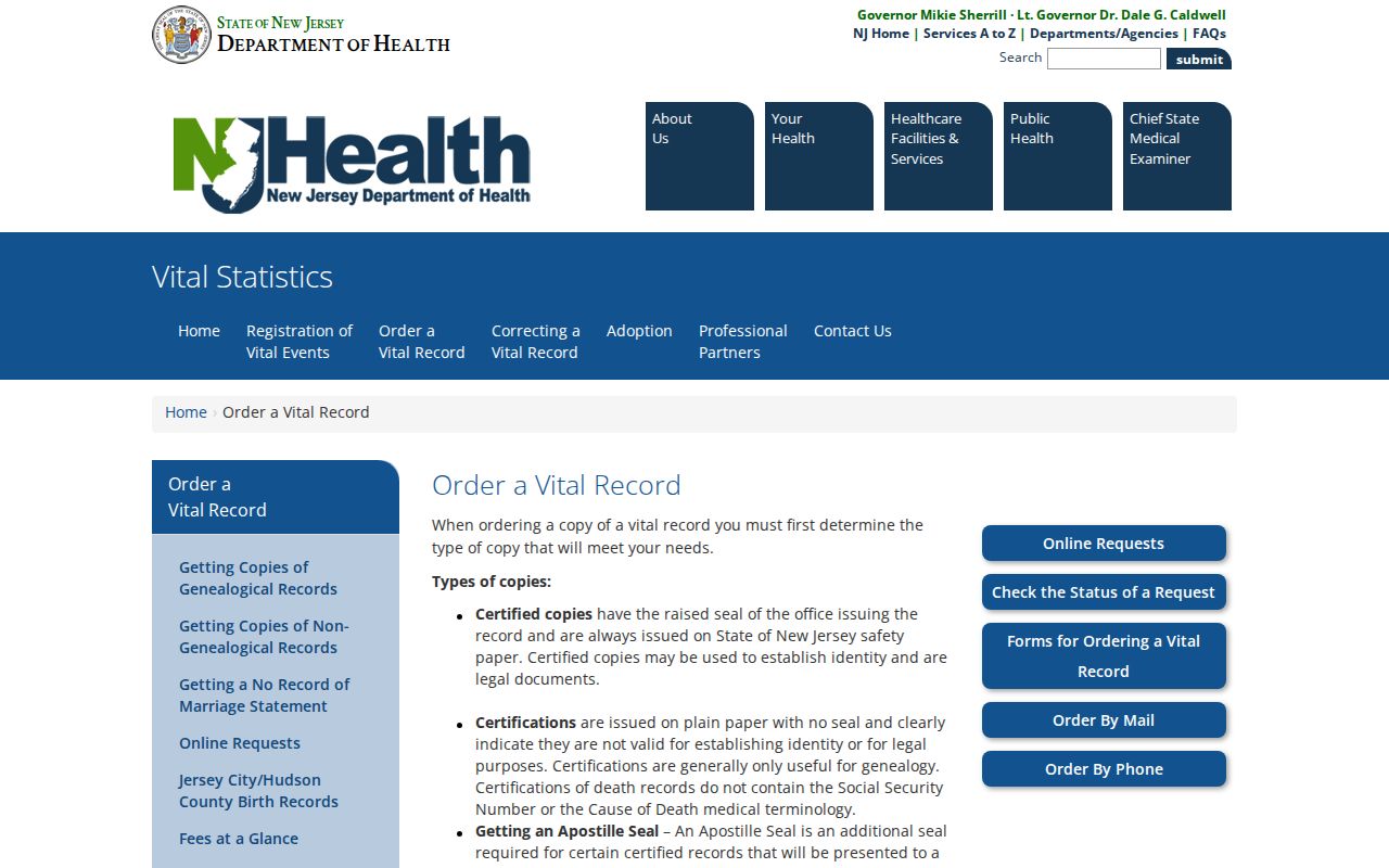 Manalapan resident records New Jersey vital records ordering page